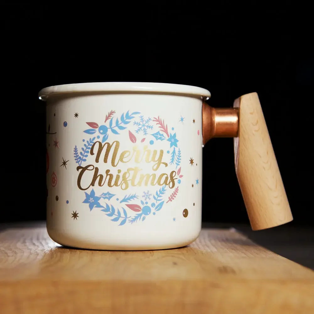 Truvii Emaille Mok met houten handvat - Kerst Limited Edition