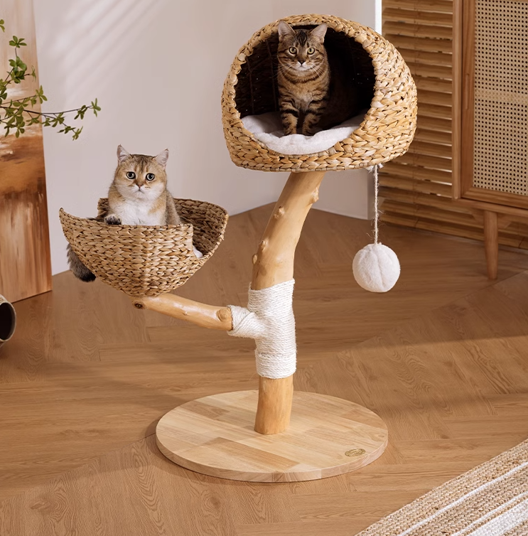 Kattenboom - klimrek voor katten - twee kattenmanden - volledig massief houten - geschikt voor 1-2 katten tot 8kg