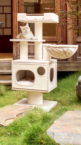 Massief houten katten klimrek - Krabpaal met kattenmand - rustplek en hangmat